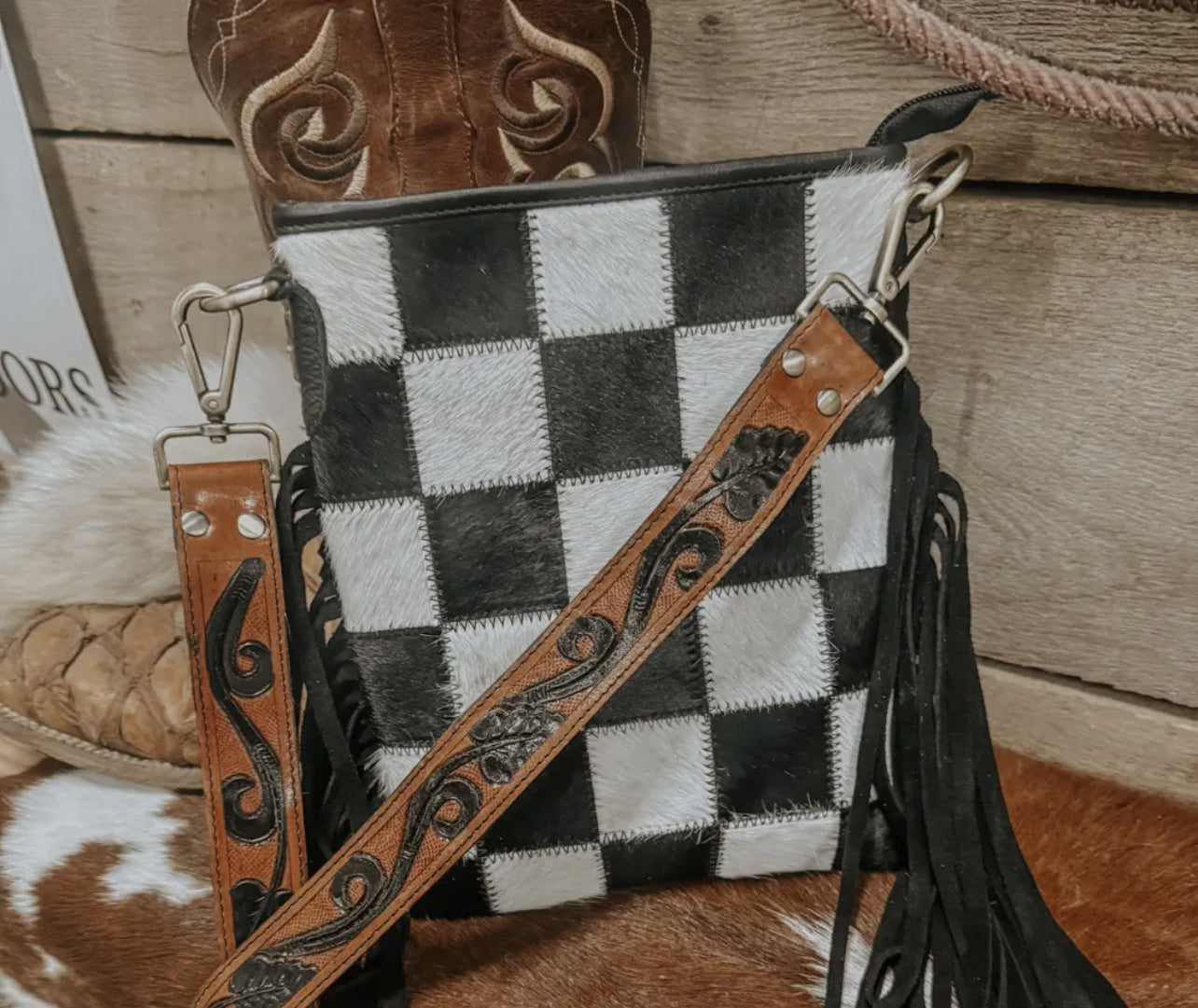 Checkered Cowhide Fringe Purse | Black