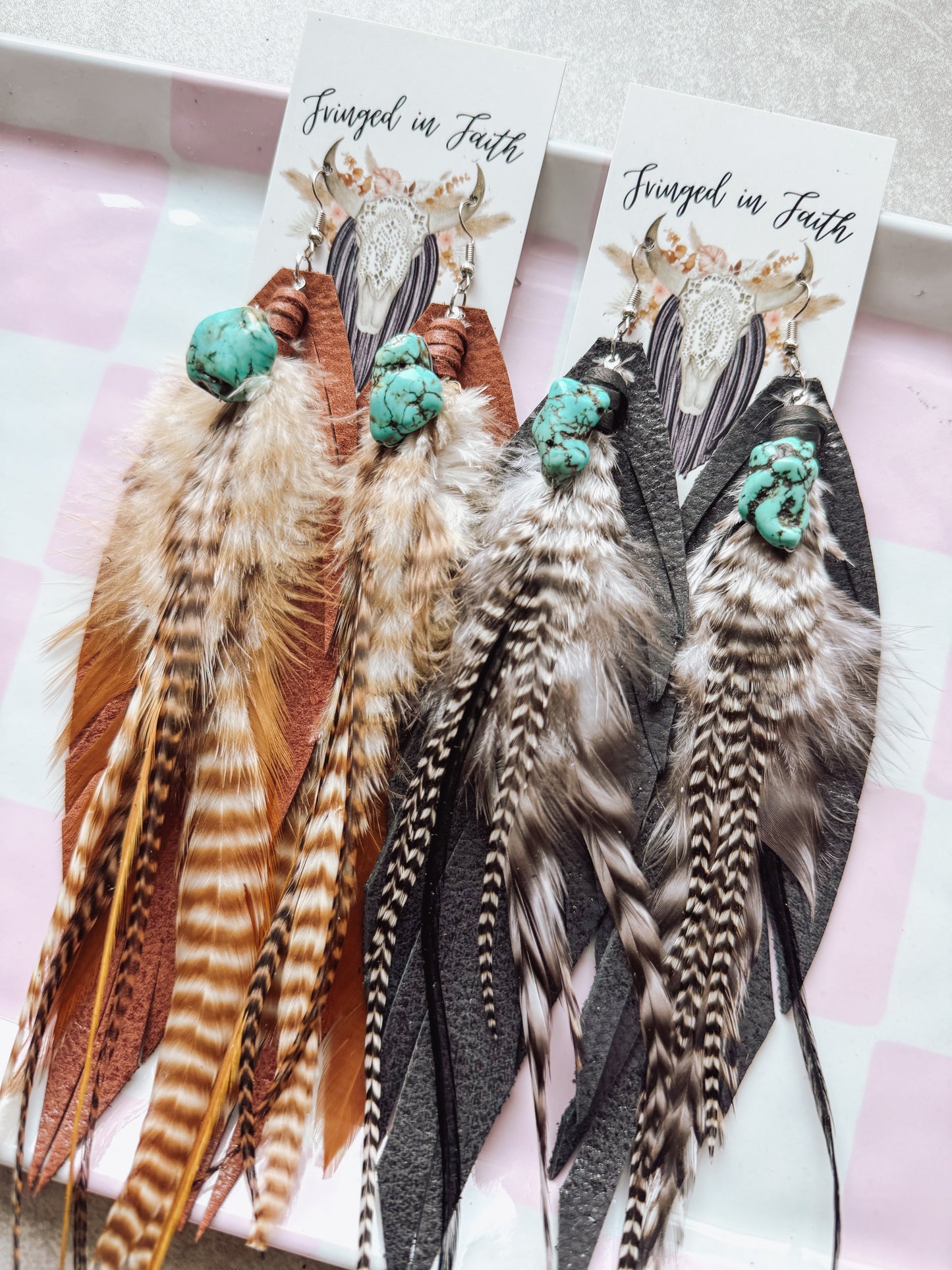 Turquoise Bead Feather Earrings
