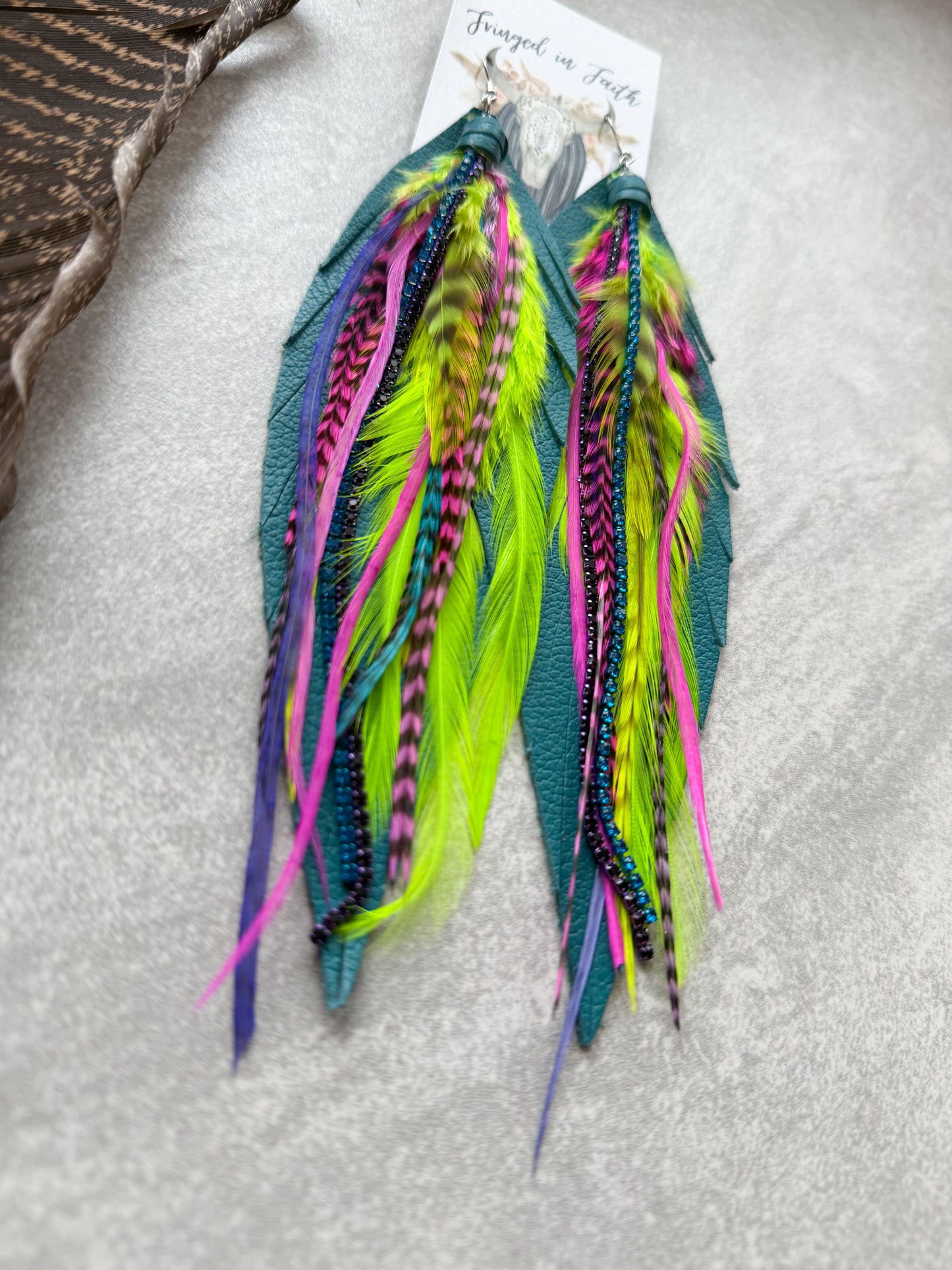 Neon Feather Earrings w Leather