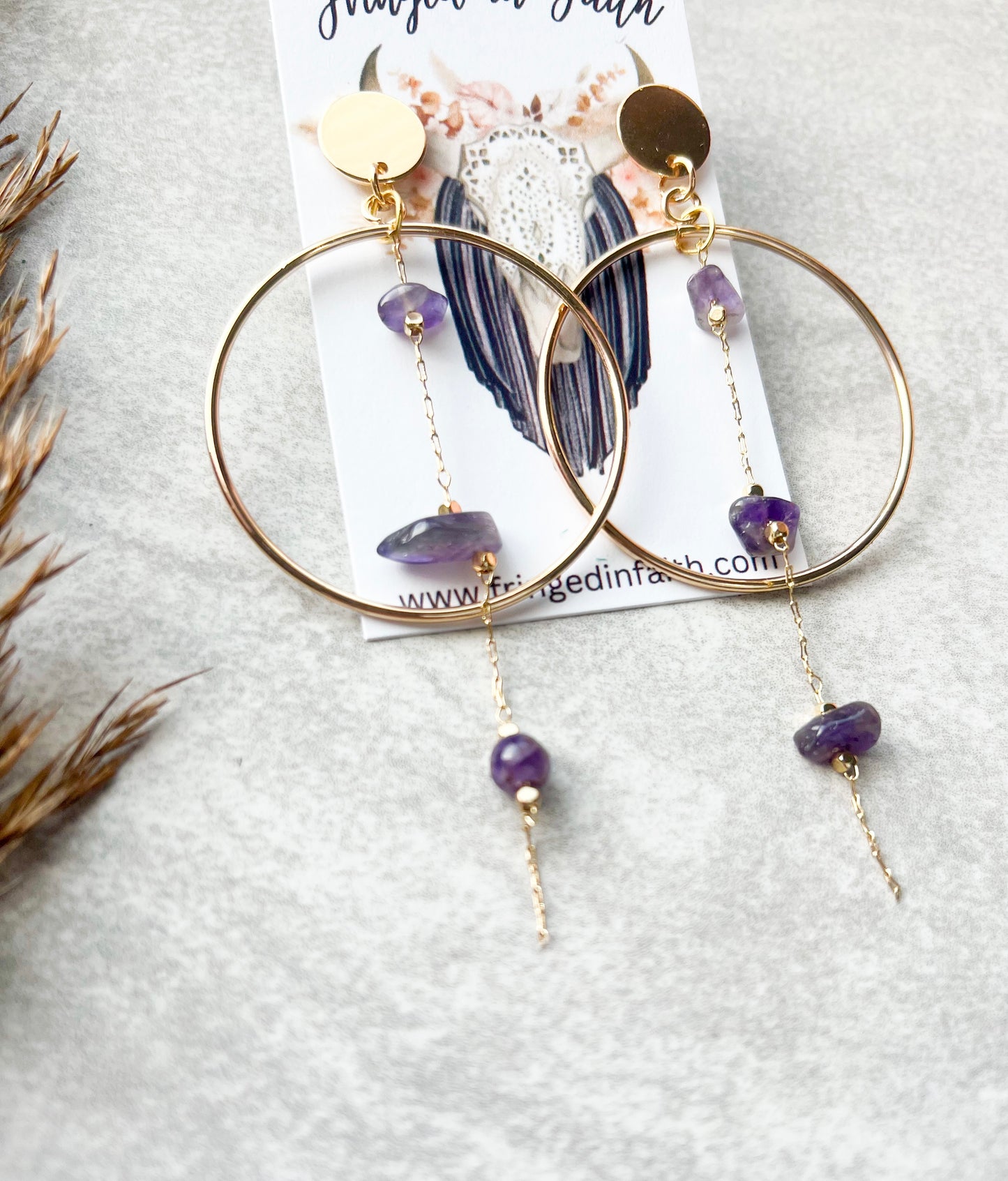 Boho Hoop Chain Earrings | Amethyst