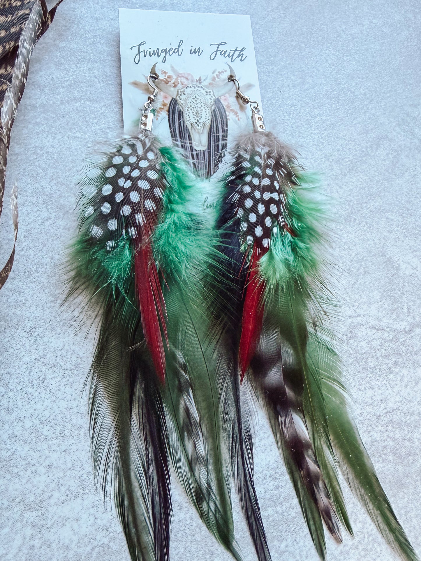 Green + Red Feather Earrings
