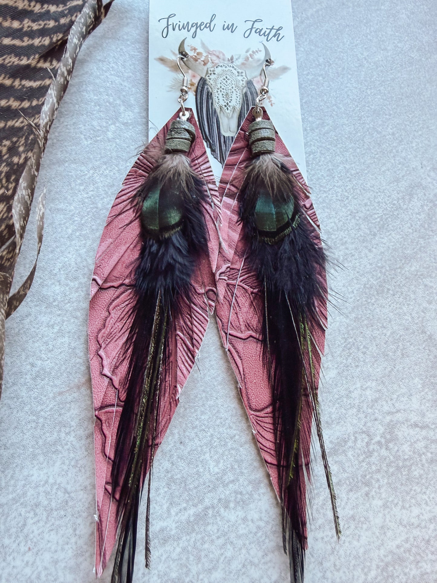 Burgundy + Black Feather Earrings