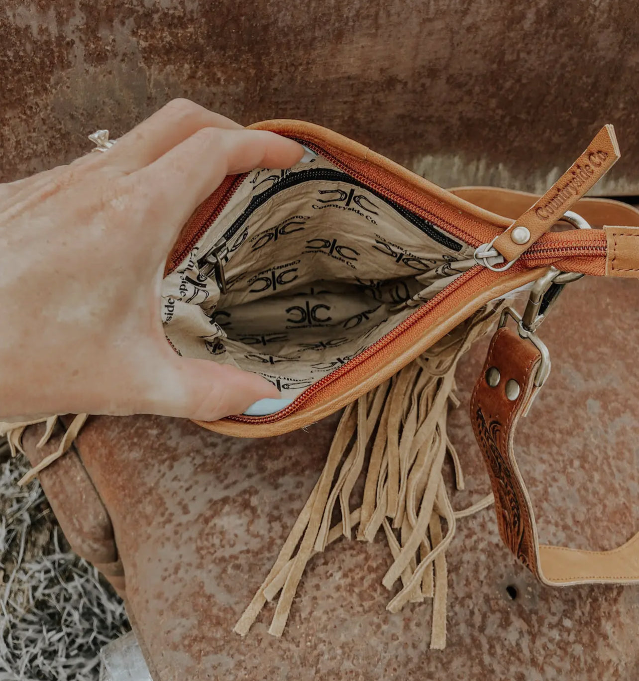 Checkered Cowhide Fringe Purse | Brown