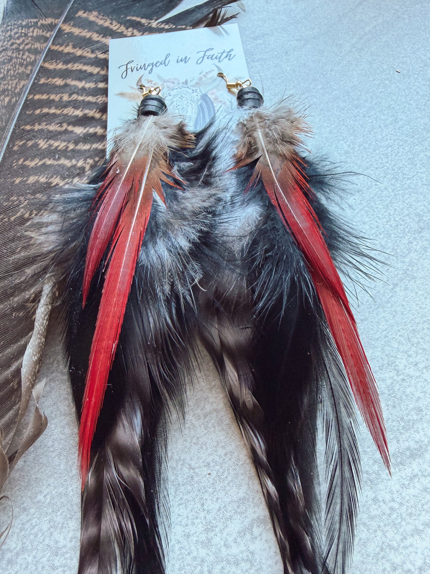 Red + Black Feather Earrings