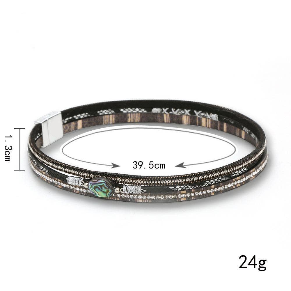 Abalone Shell Rhinestone Leather Bracelet - BJ/LB