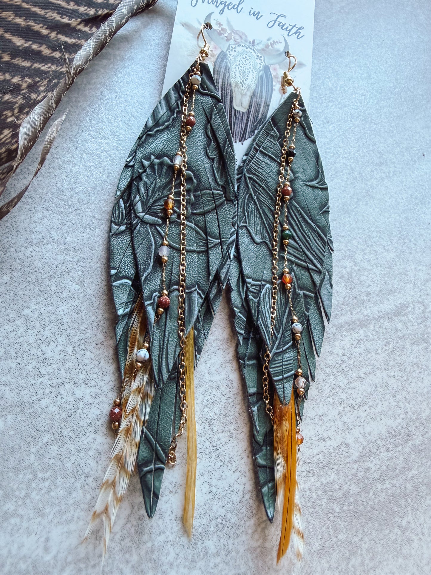 Green + Brown Feather Earrings