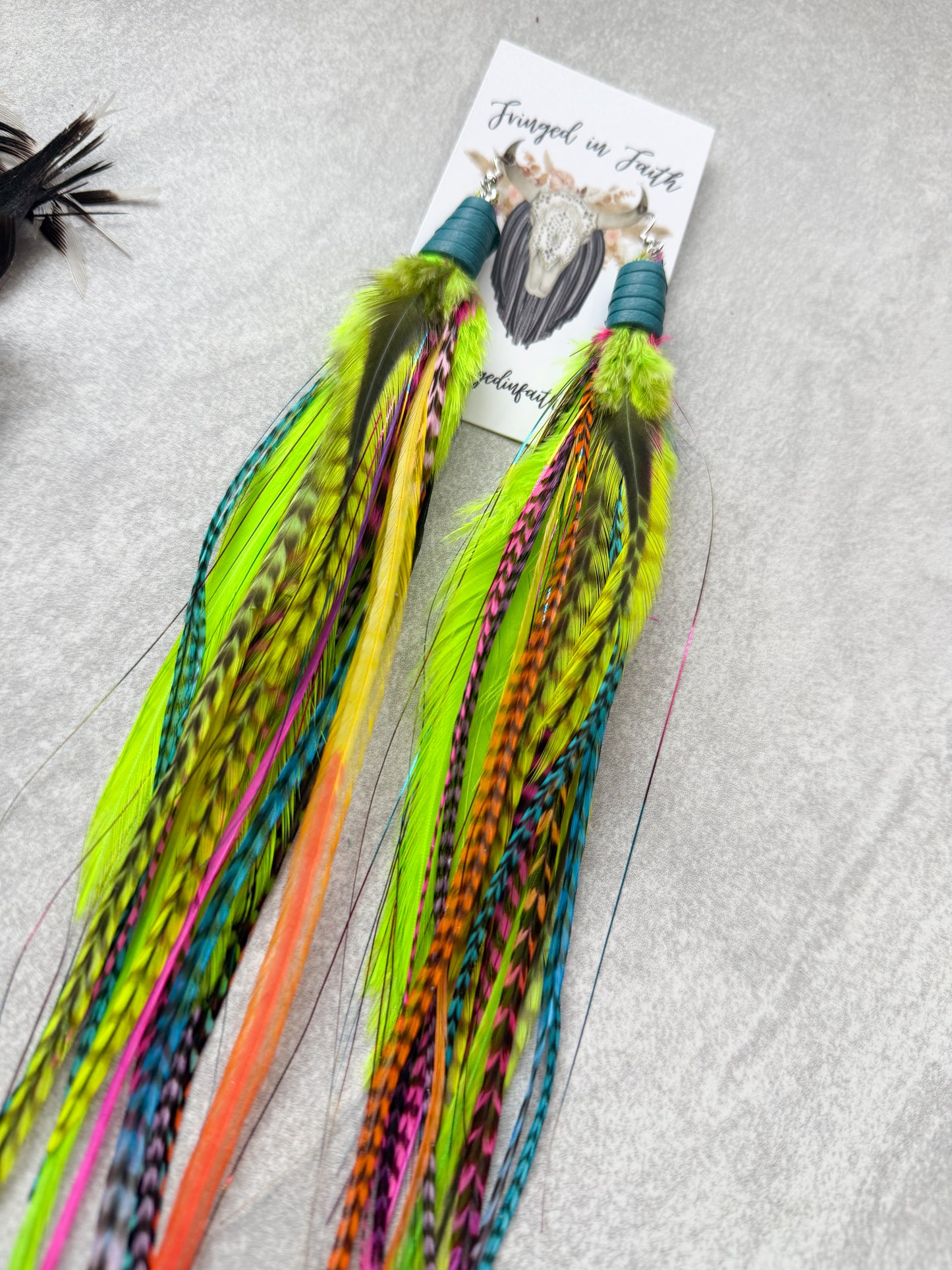 Neon Feather Earrings w Tinsel