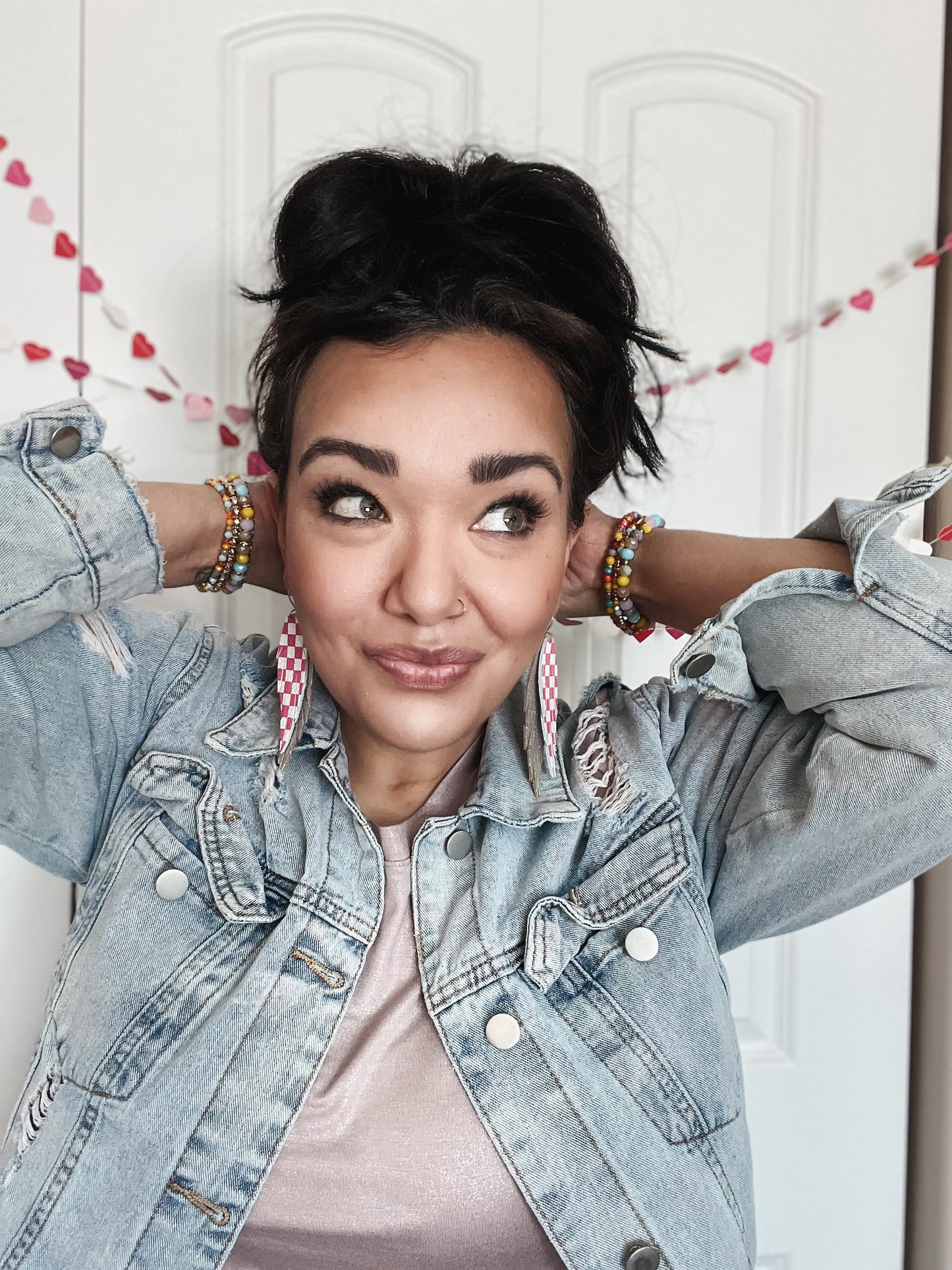 Pink Checkered Fringe Earrings