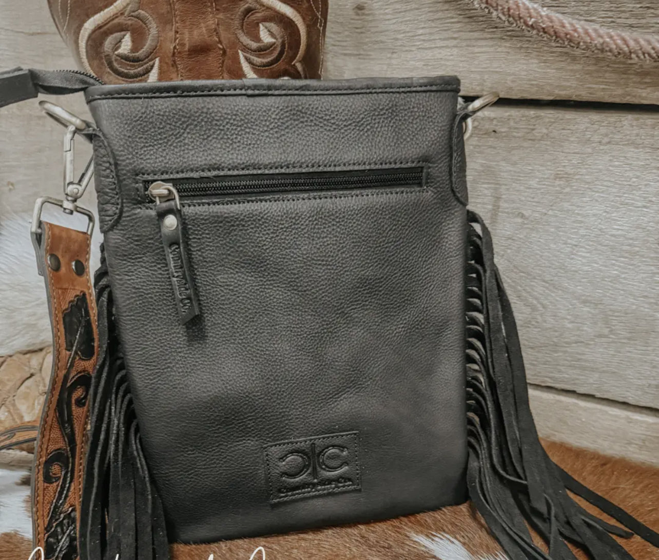Checkered Cowhide Fringe Purse | Black