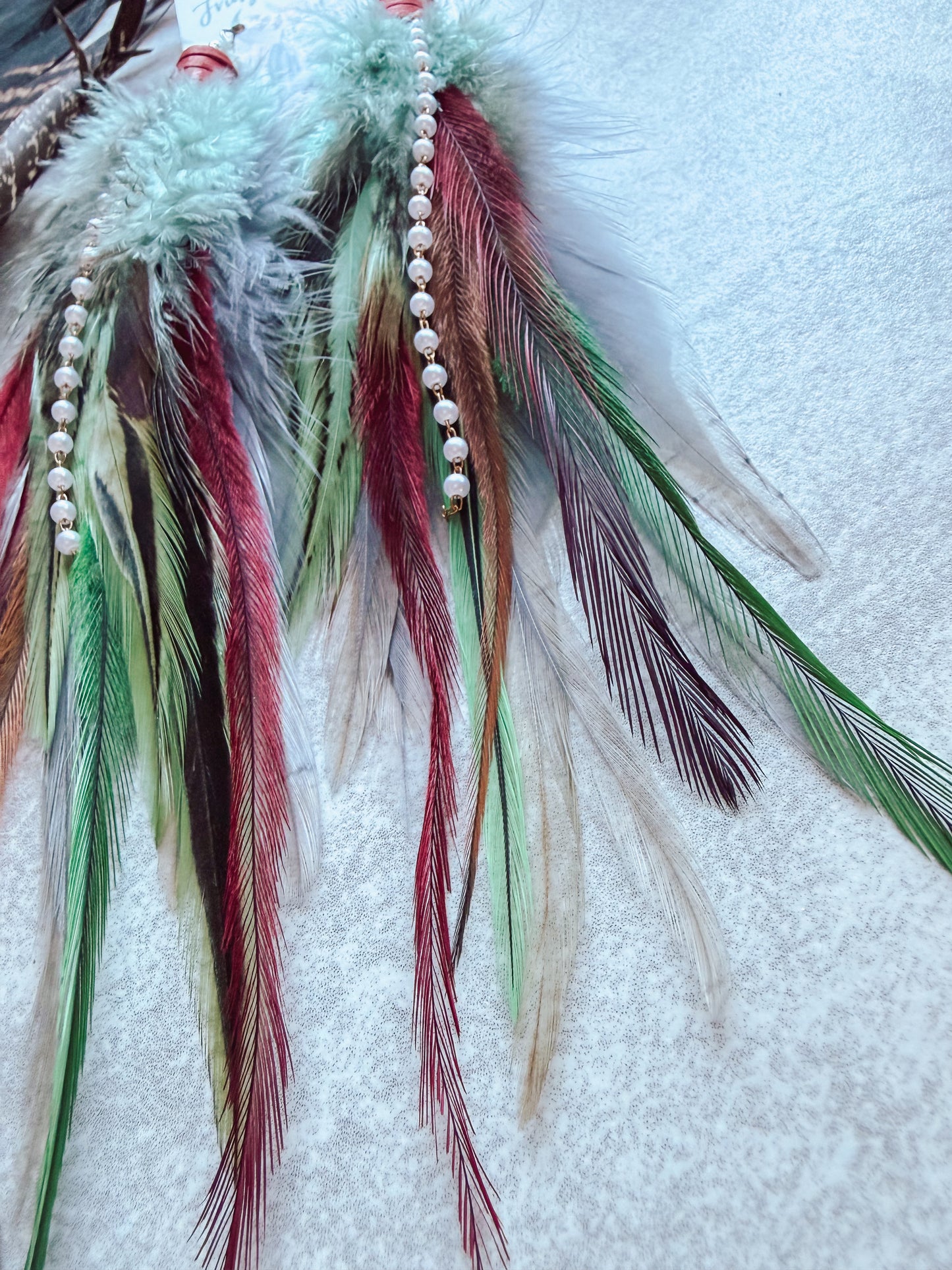 Gray + Mint+ Red Feather Earrings