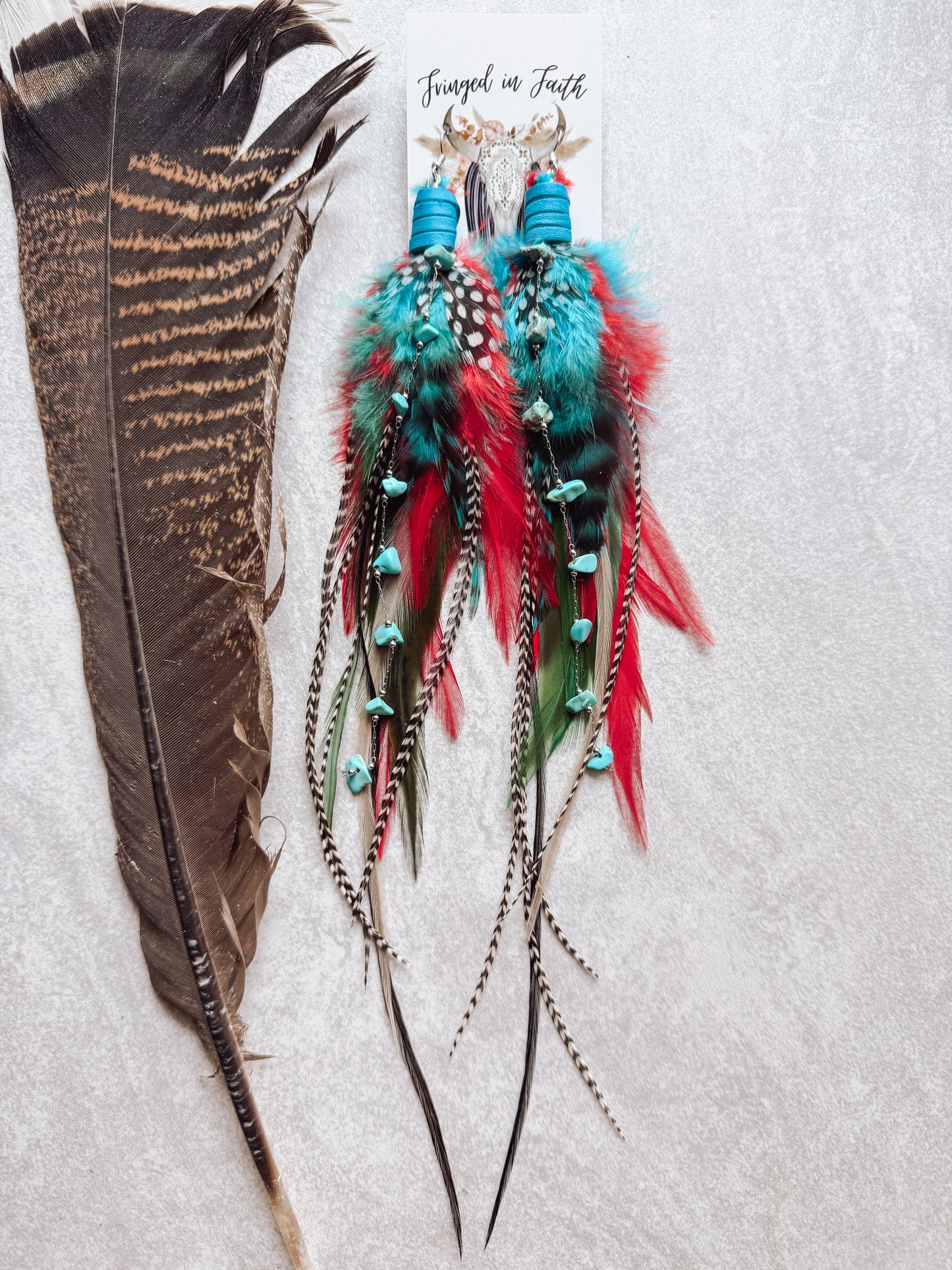 Red and Teal Feather Earrings