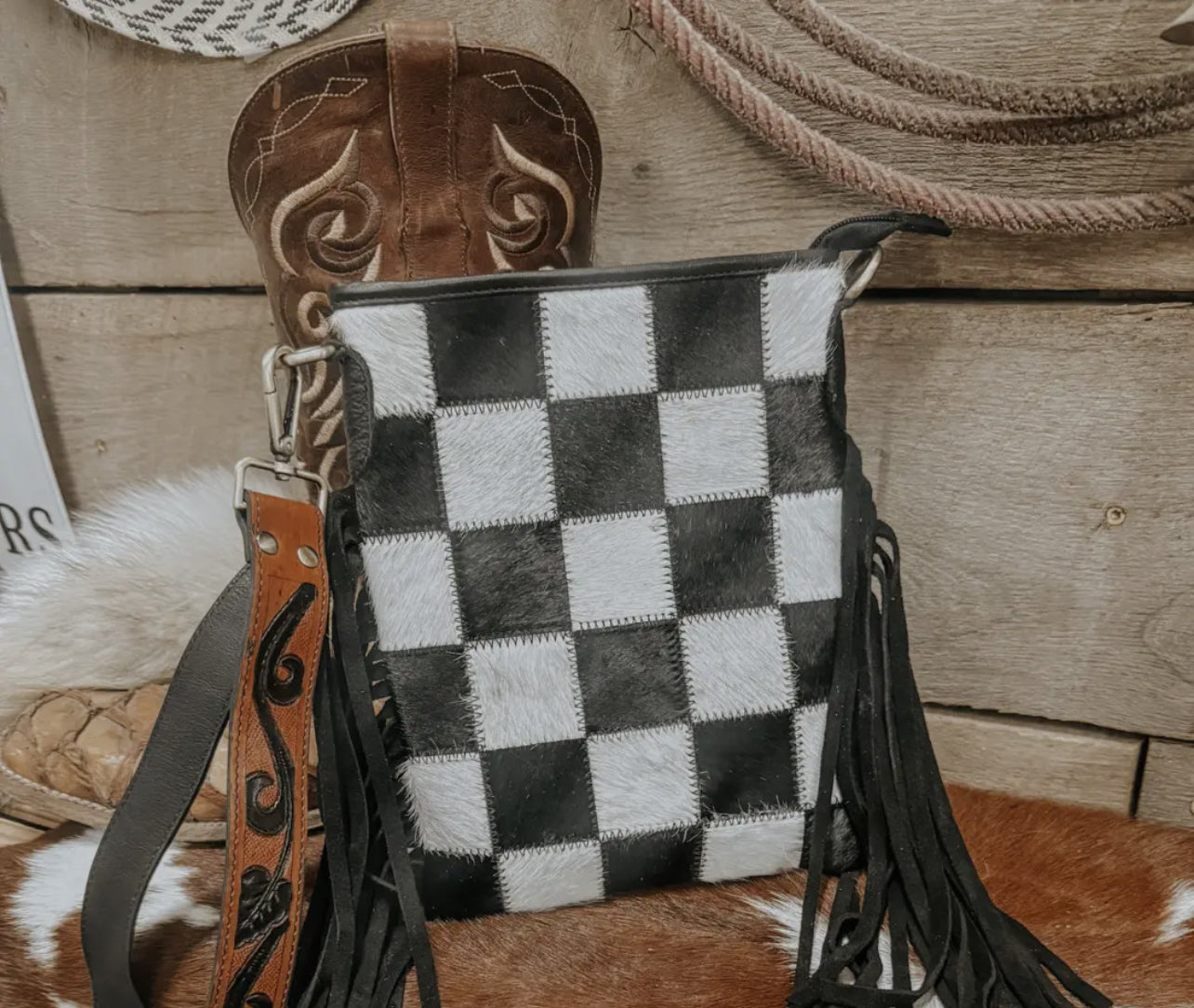 Checkered Cowhide Fringe Purse | Black