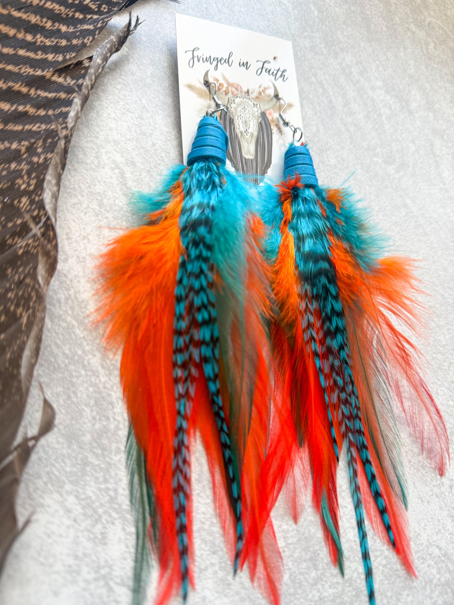 Neon Feather Earrings | Turquoise + Orange