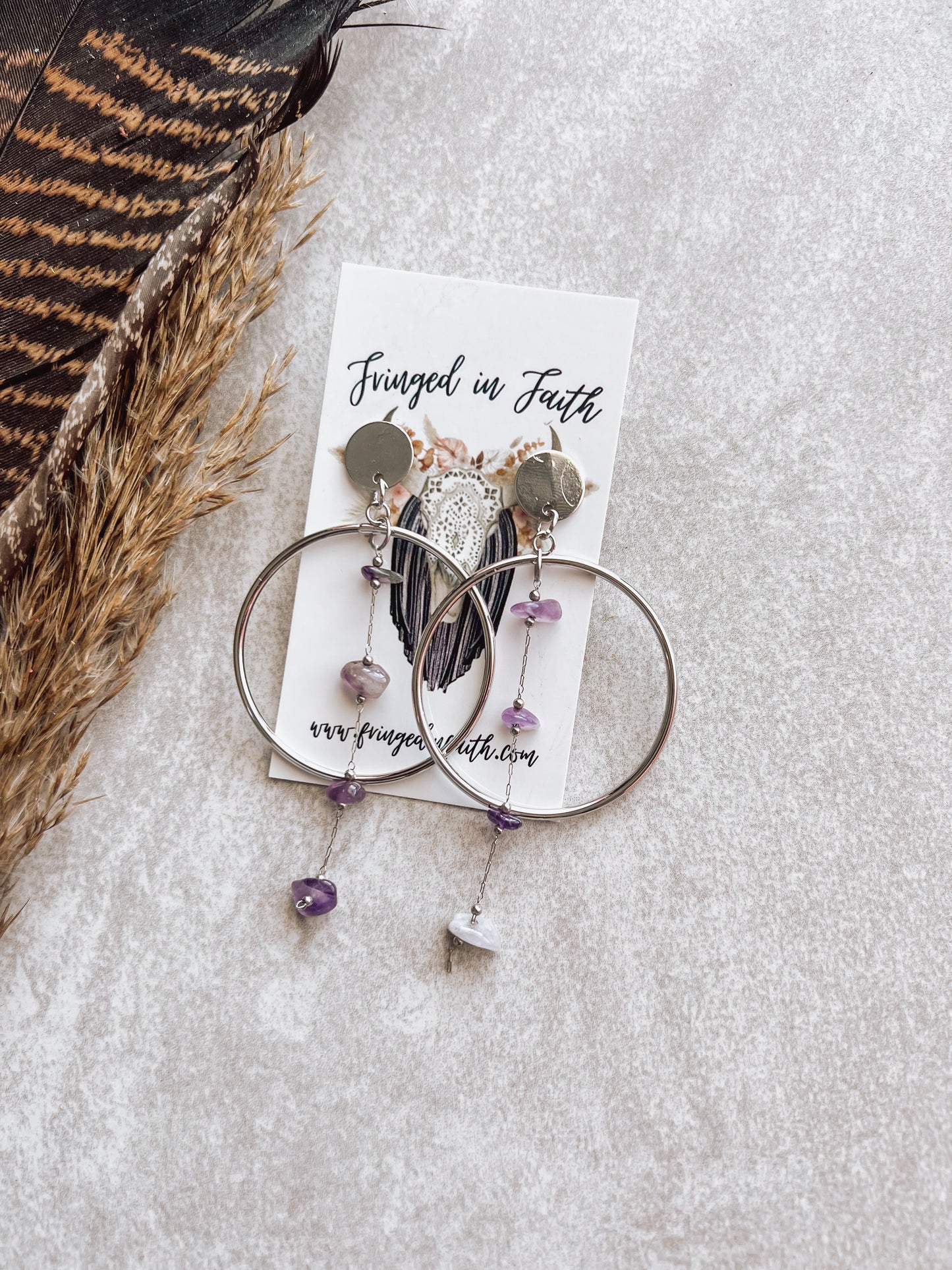 Boho Hoop Chain Earrings | Amethyst