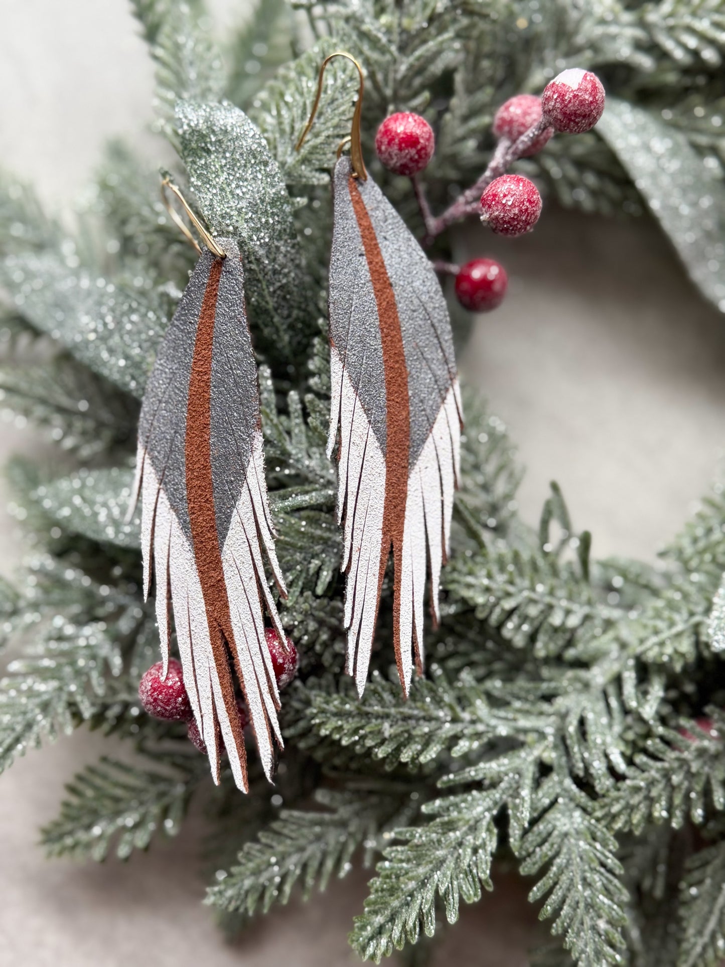Feather Leather Earrings | White + Silver