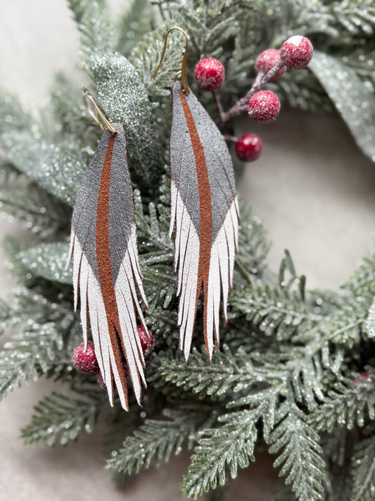 Feather Leather Earrings | White + Silver