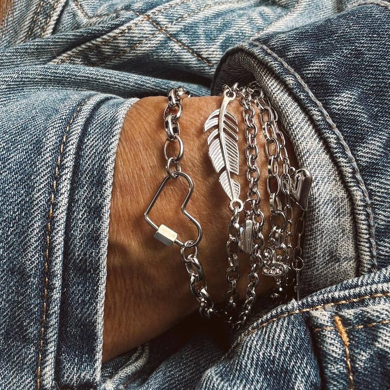 Chain Bracelet with a Heart Carabiner Center Charm
