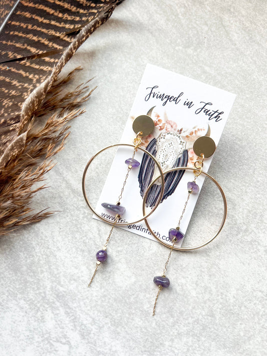 Boho Hoop Chain Earrings | Amethyst