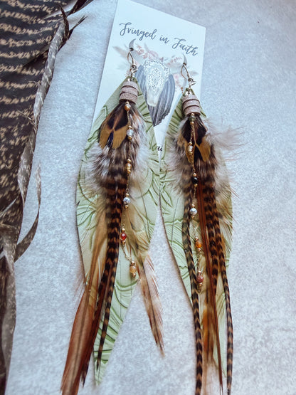 Green + Brown Feather Earrings