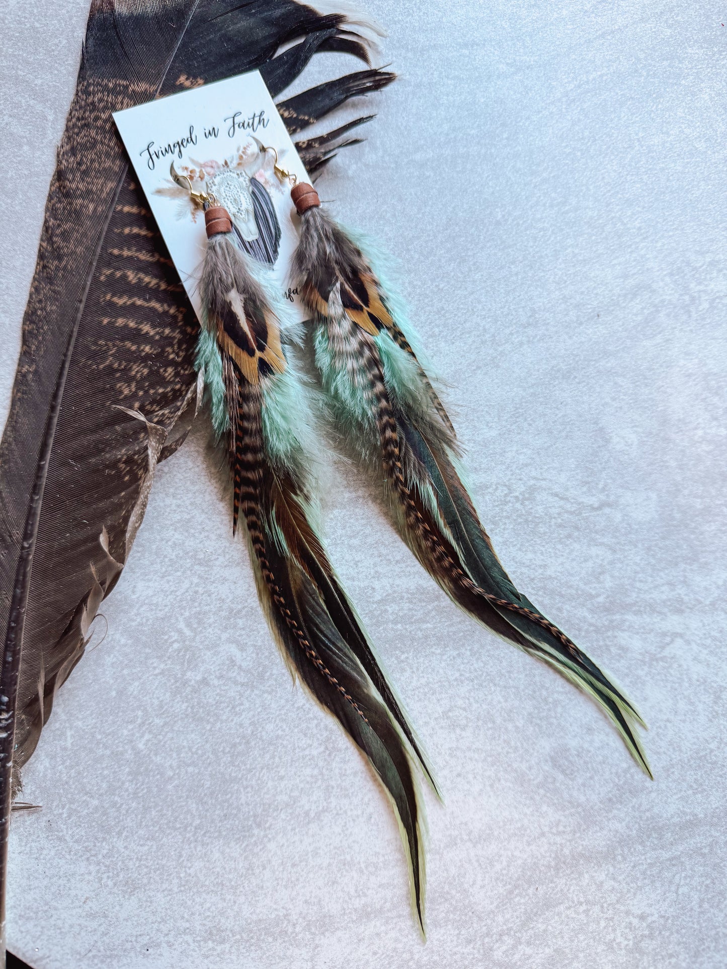 Brown + Mint Feather Earrings