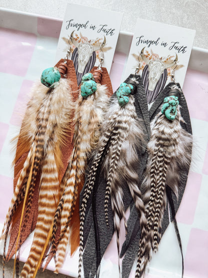 Turquoise Bead Feather Earrings