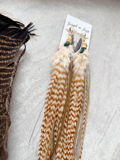 Long Brown Feather Earrings w Copper Tinsel