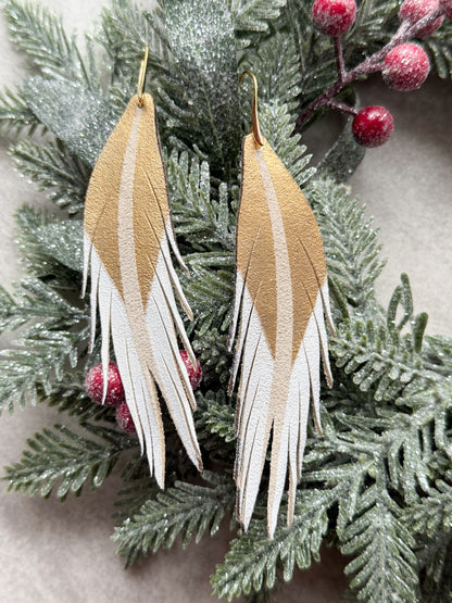 Feather Leather Earrings | Gold + White