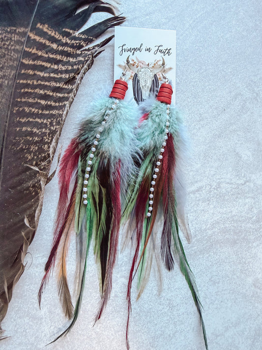 Gray + Mint+ Red Feather Earrings