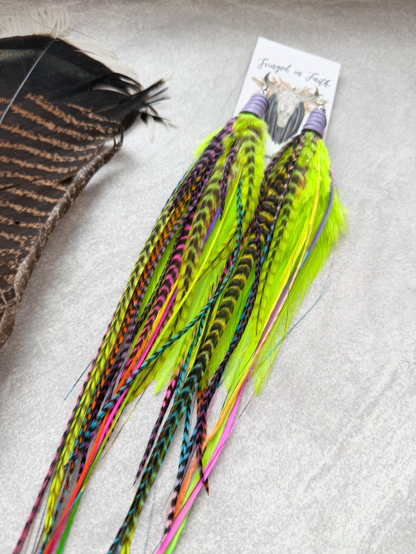Neon Feather Earrings w Tinsel