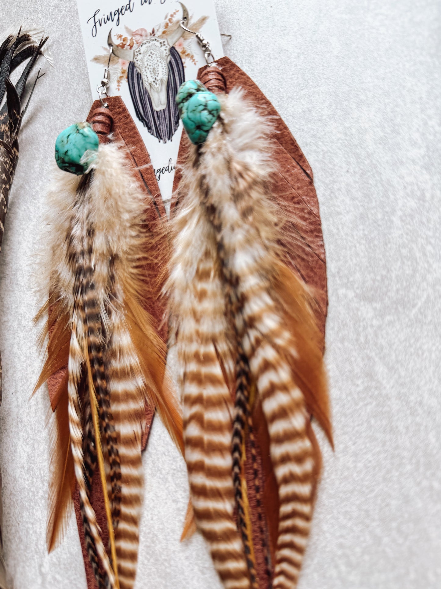 Brown Turquoise Bead Feather Earrings