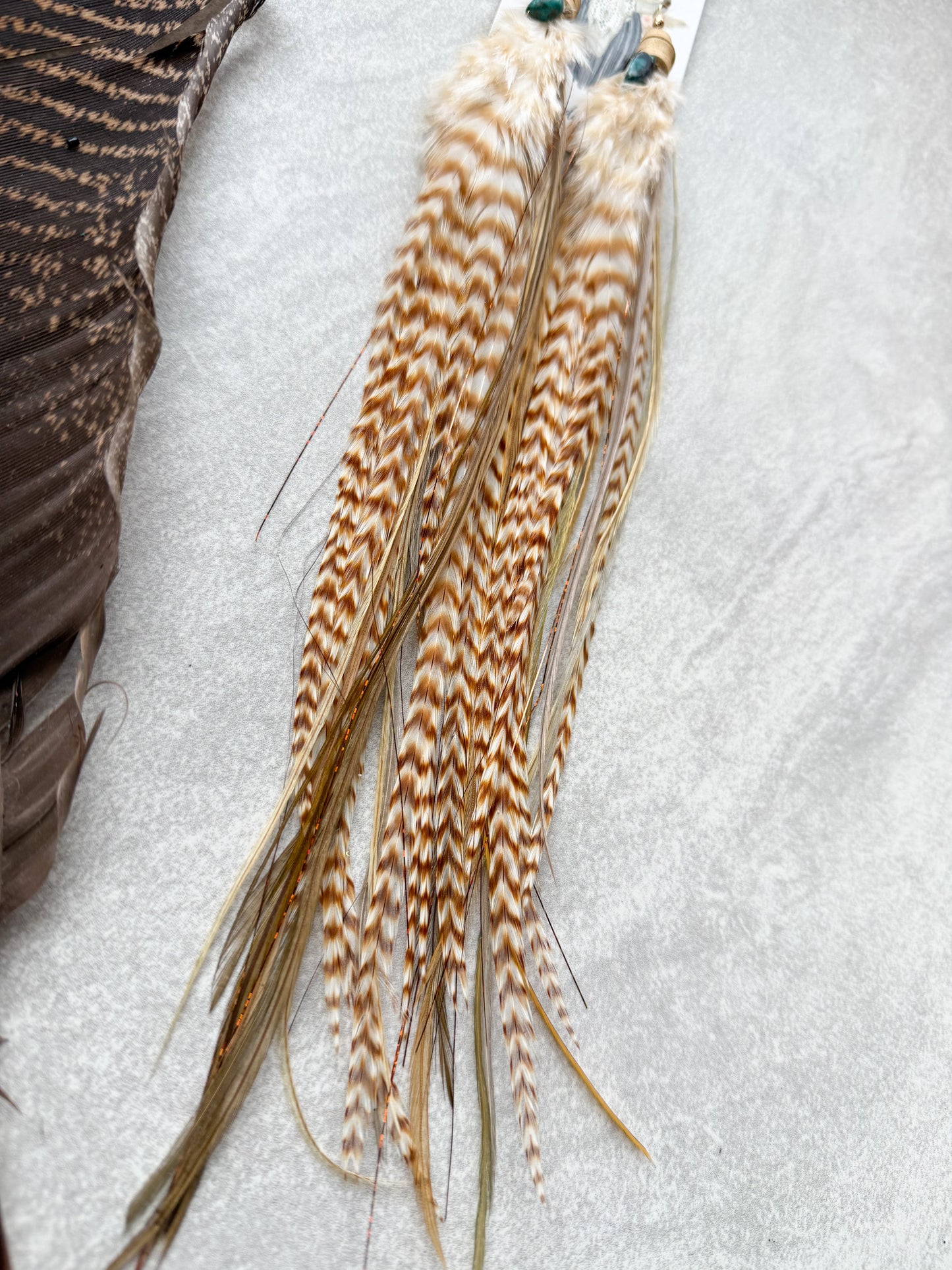 Long Brown Feather Earrings w Copper Tinsel