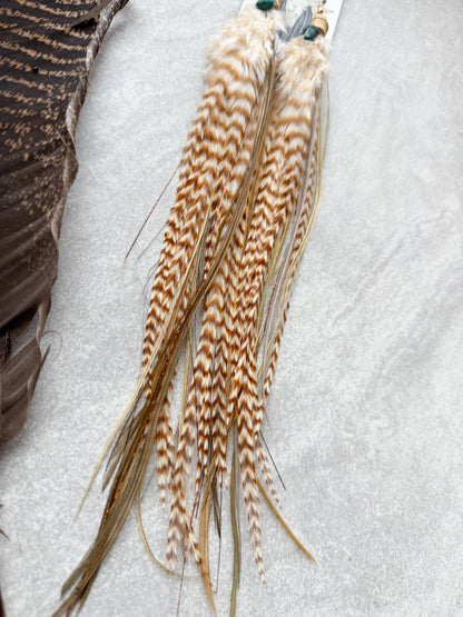Long Brown Feather Earrings w Copper Tinsel