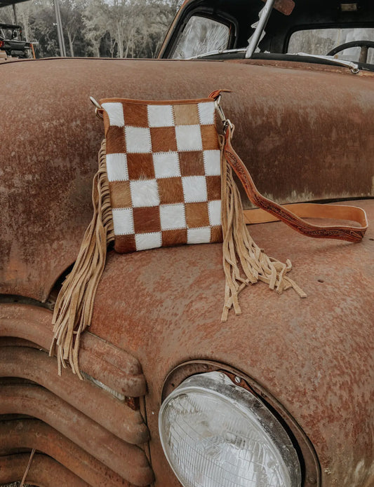 Checkered Cowhide Fringe Purse | Brown