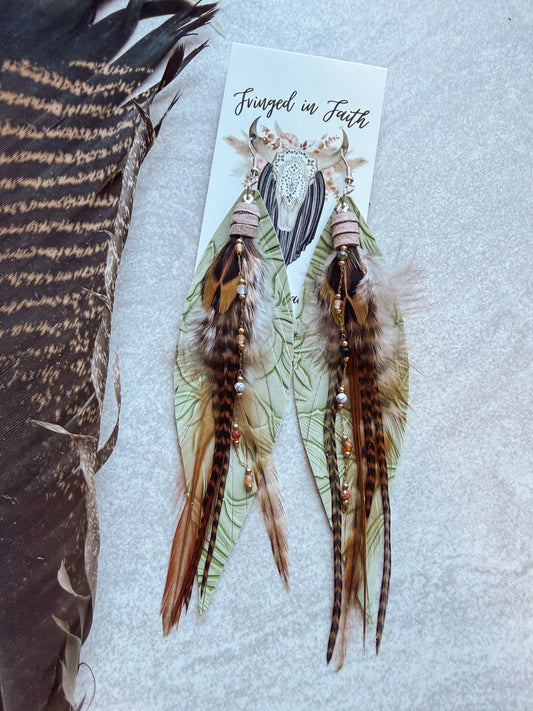 Green + Brown Feather Earrings