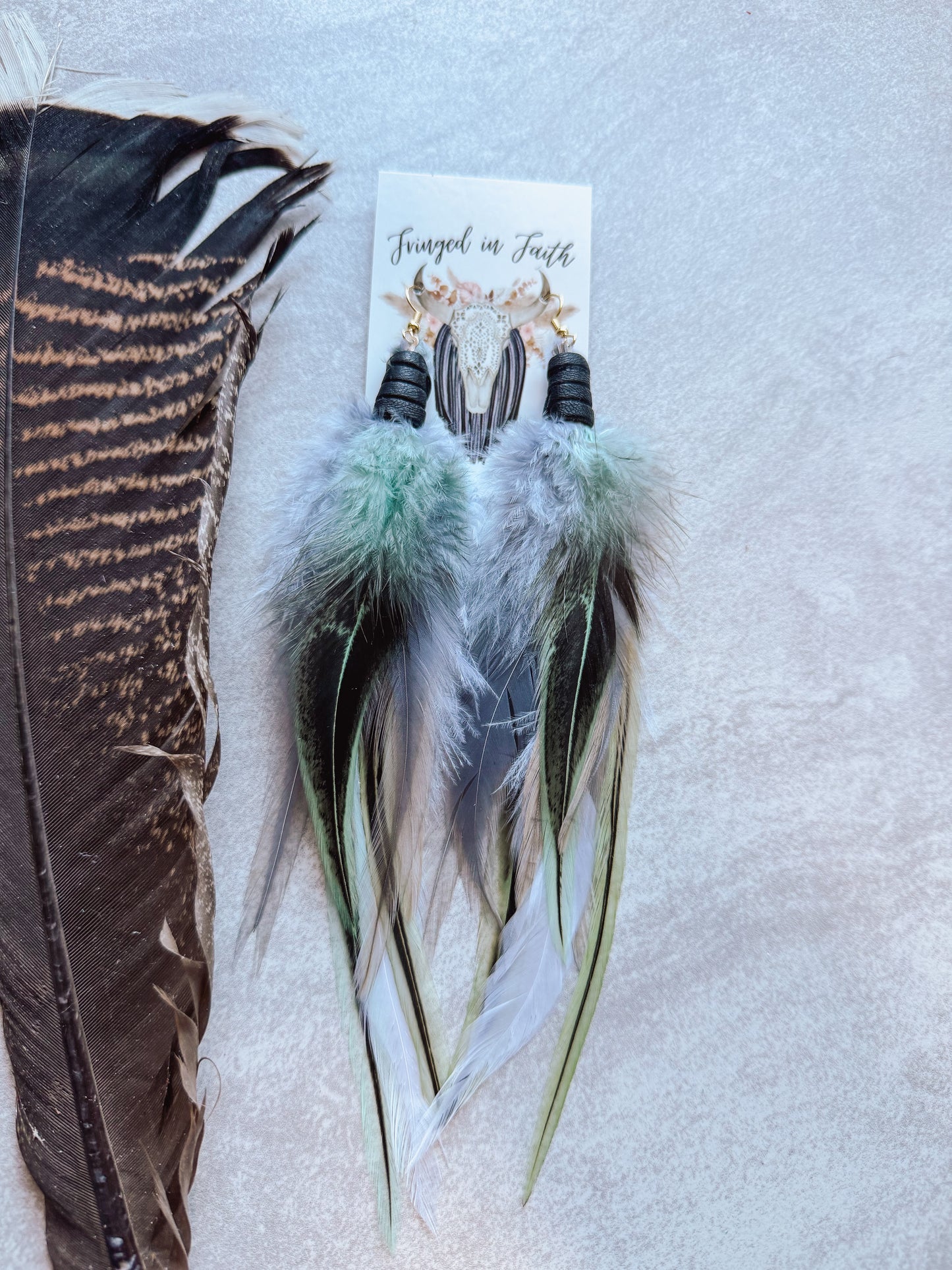 Gray + Mint Feather Earrings