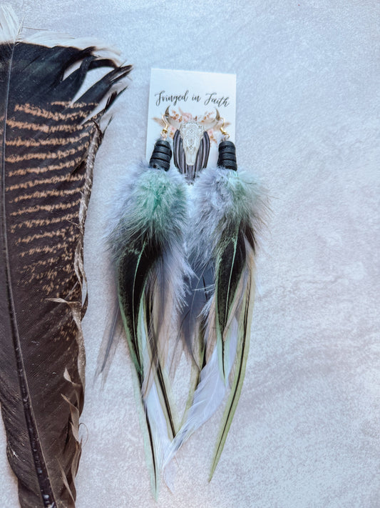 Gray + Mint Feather Earrings