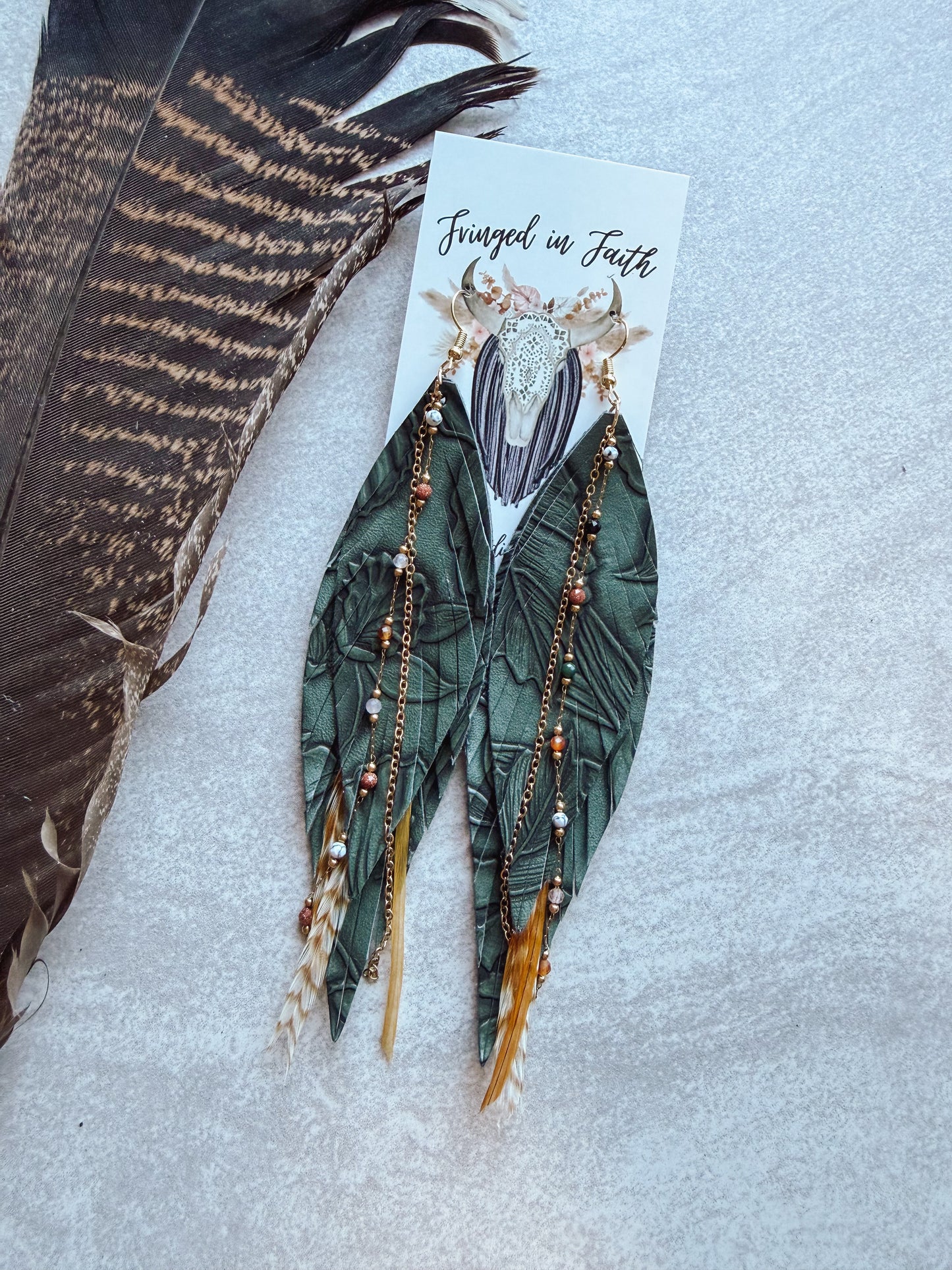 Green + Brown Feather Earrings