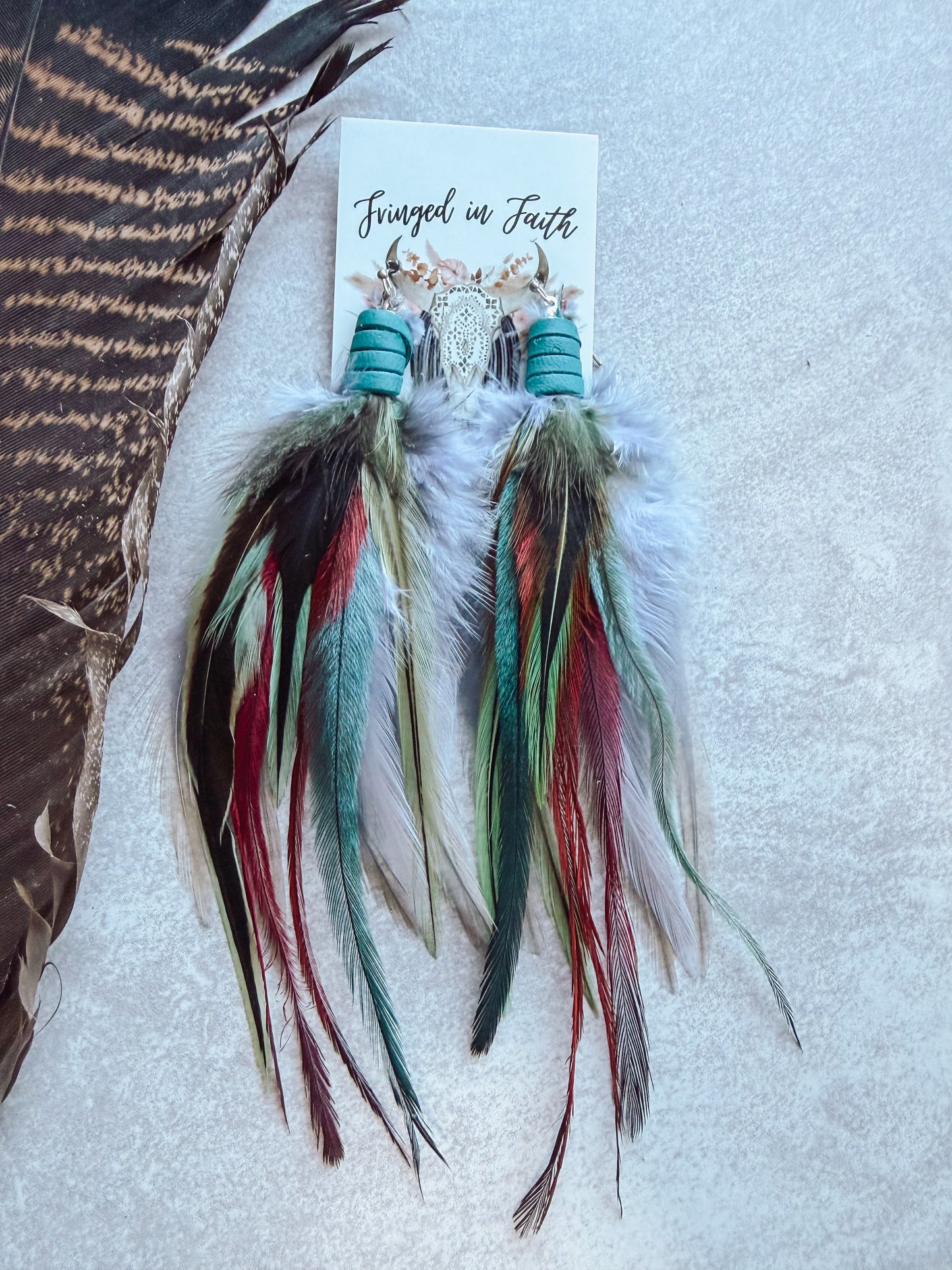 Gray+ Burgundy + Mint Feather Earrings
