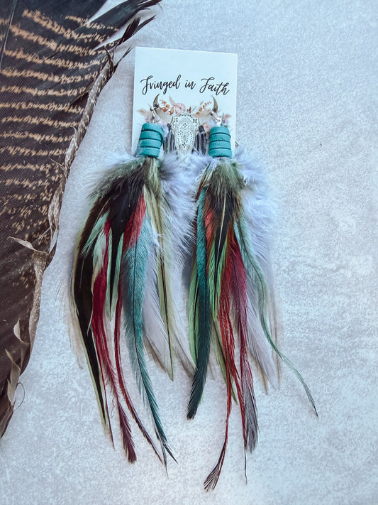 Gray+ Burgundy + Mint Feather Earrings