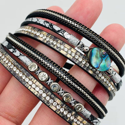 Abalone Shell Rhinestone Leather Bracelet - BJ/LB
