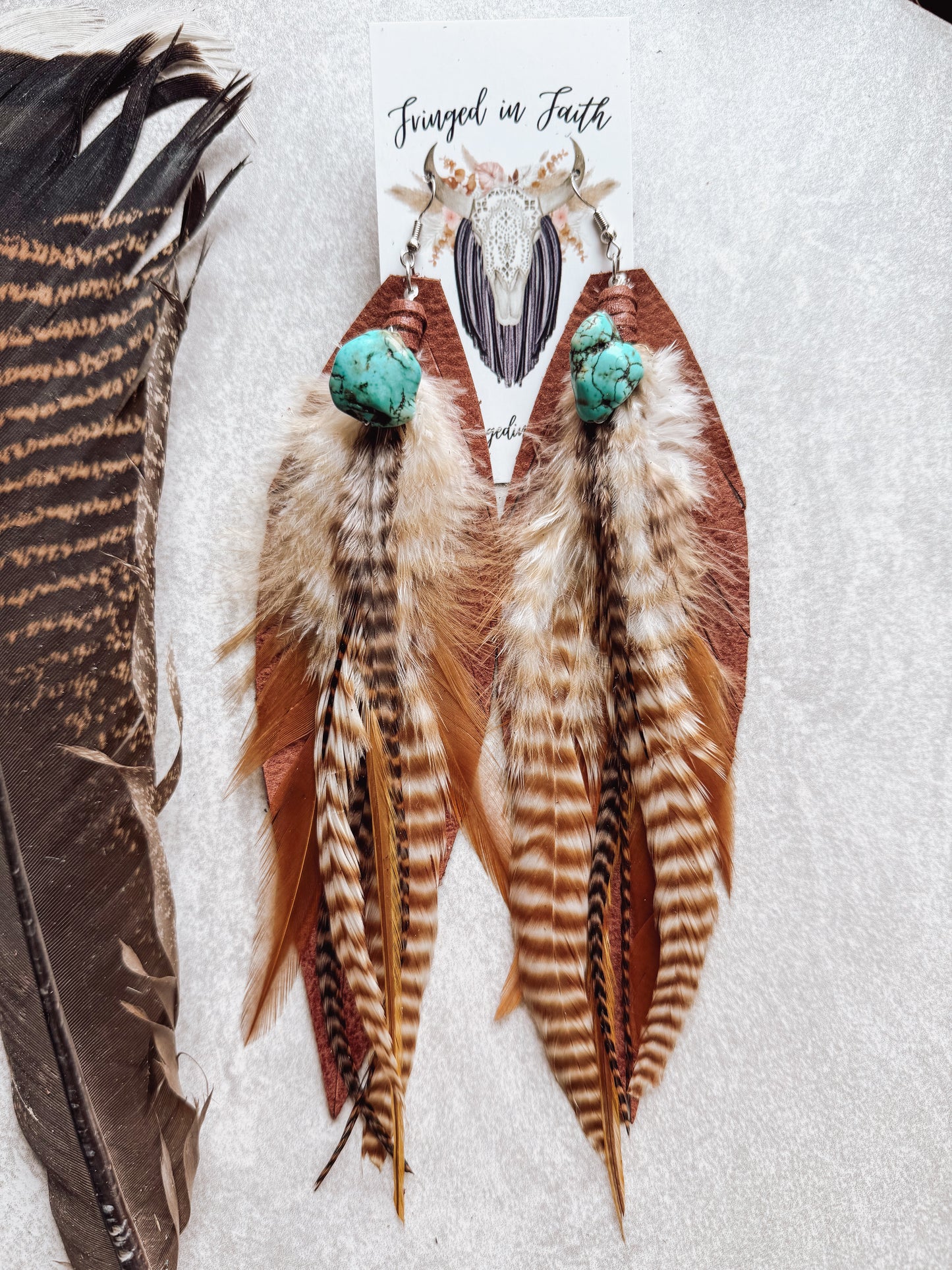 Brown Turquoise Bead Feather Earrings