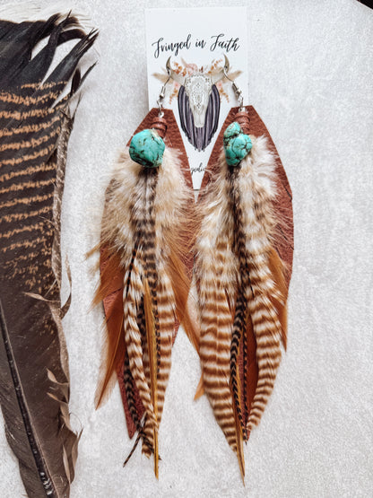 Brown Turquoise Bead Feather Earrings