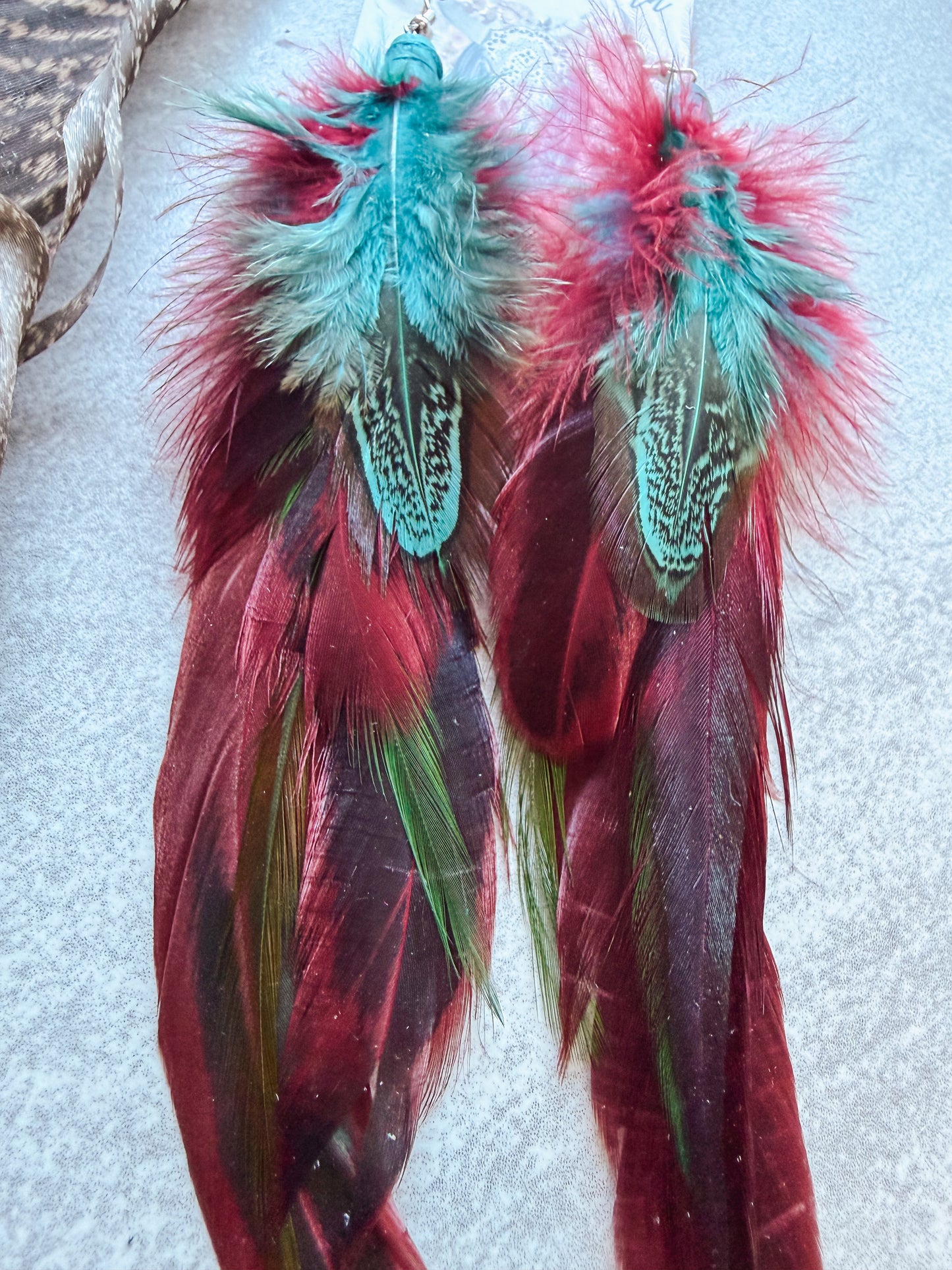 Teal + Burgundy Feather Earrings