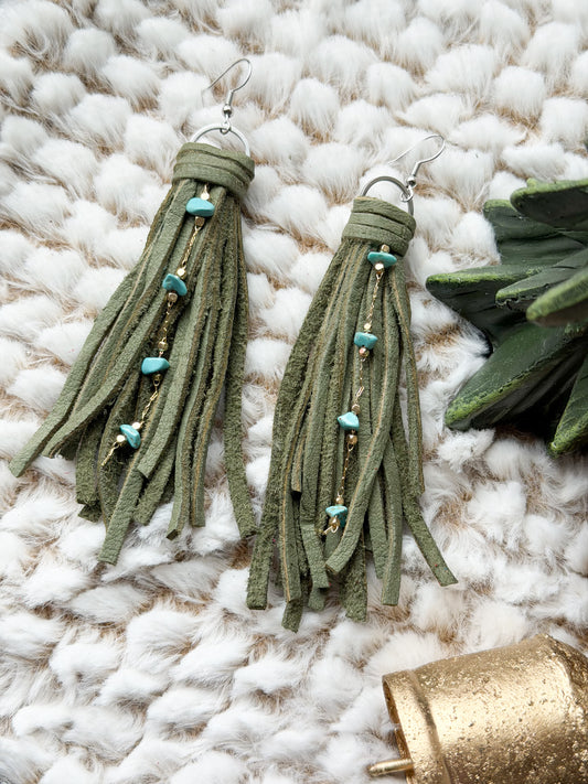 Turquoise Chain Tassel Earrings | Green