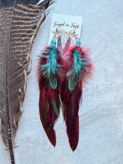 Teal + Burgundy Feather Earrings
