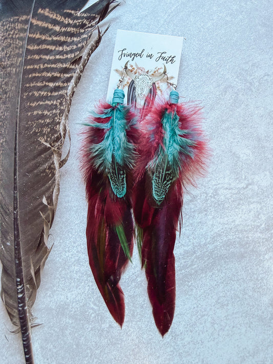 Teal + Burgundy Feather Earrings