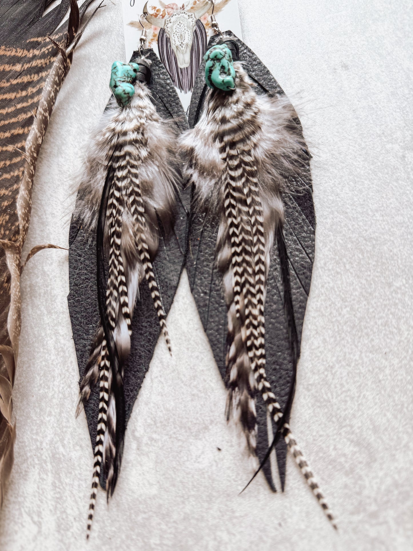 Turquoise Bead Feather Earrings