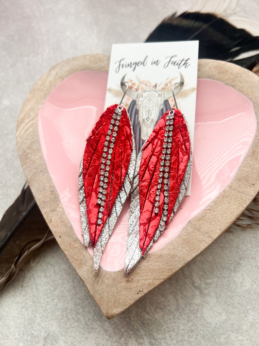 Red Leopard Fringe Earrings with Rhinestone Charm