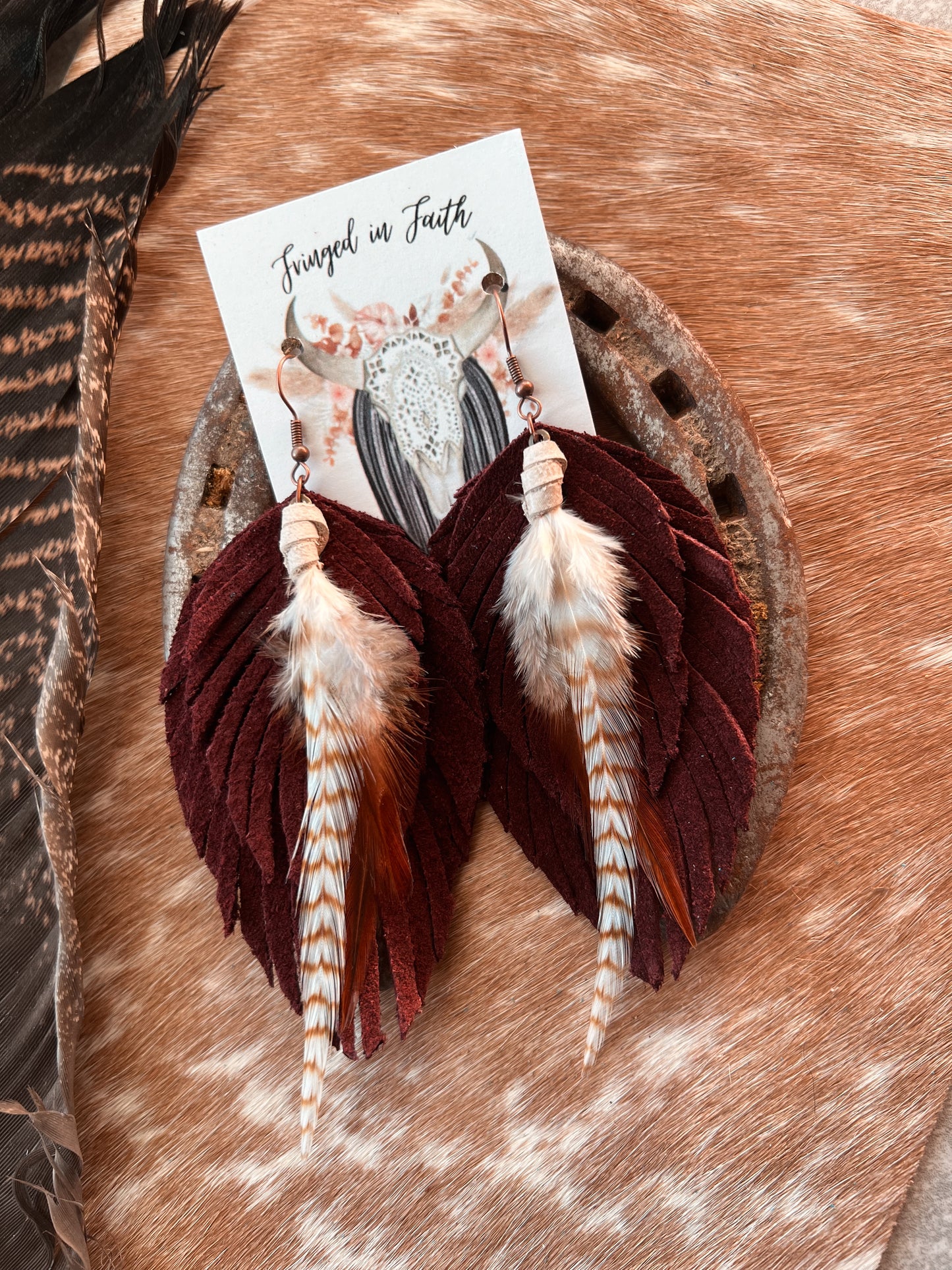 Ronan Fringe Feather Earrings | Burgundy