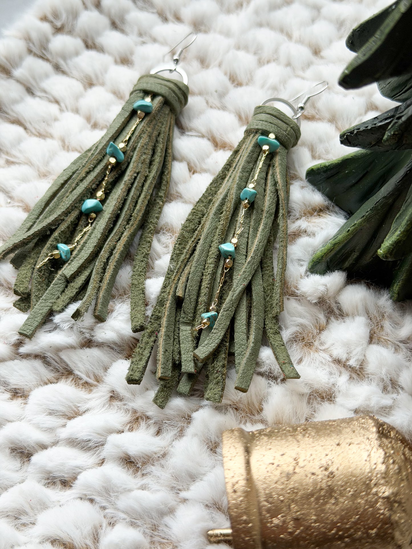 Turquoise Chain Tassel Earrings | Green
